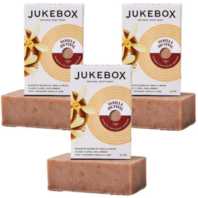 JUKEBOX front packaging showing three vanilla-scented bars and branding benefit: clean ingredients