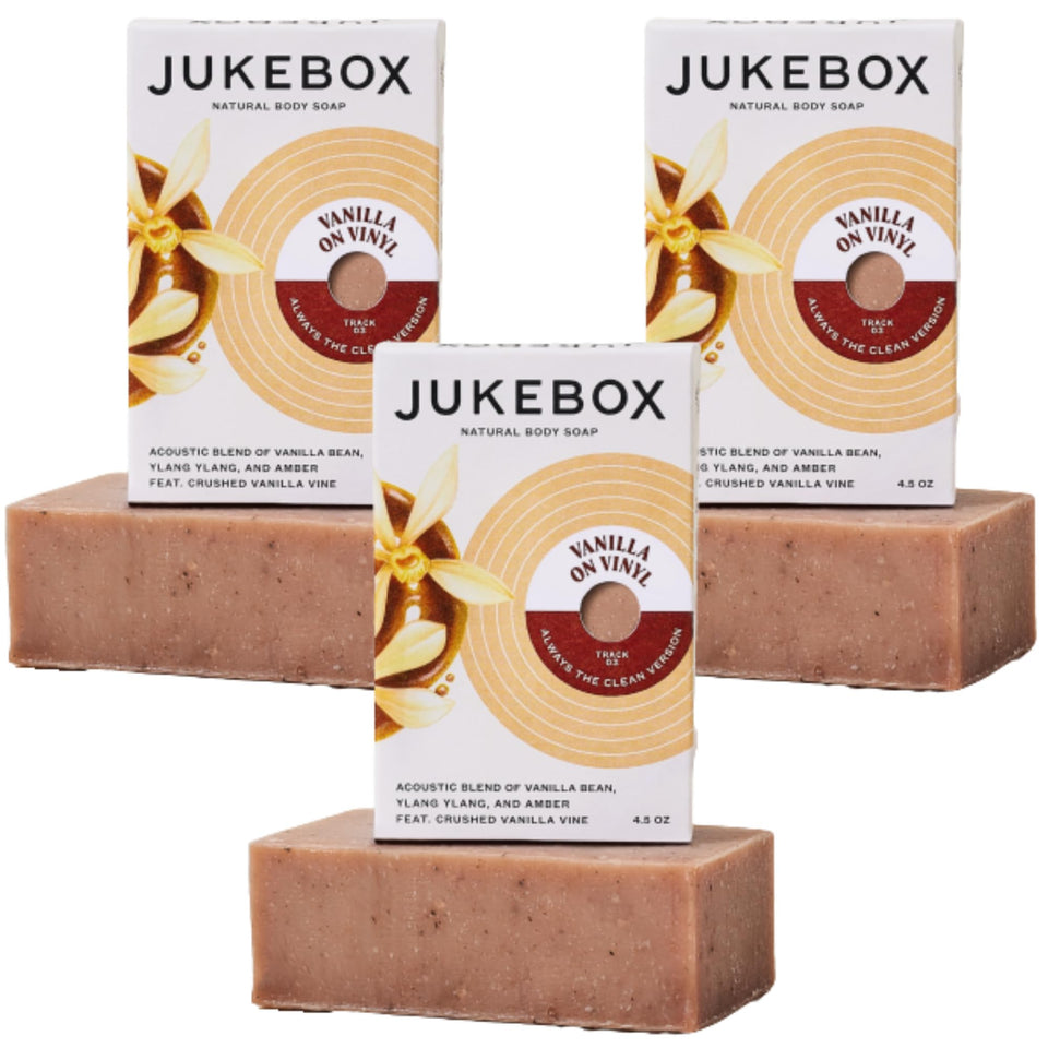 JUKEBOX front packaging showing three vanilla-scented bars and branding benefit: clean ingredients