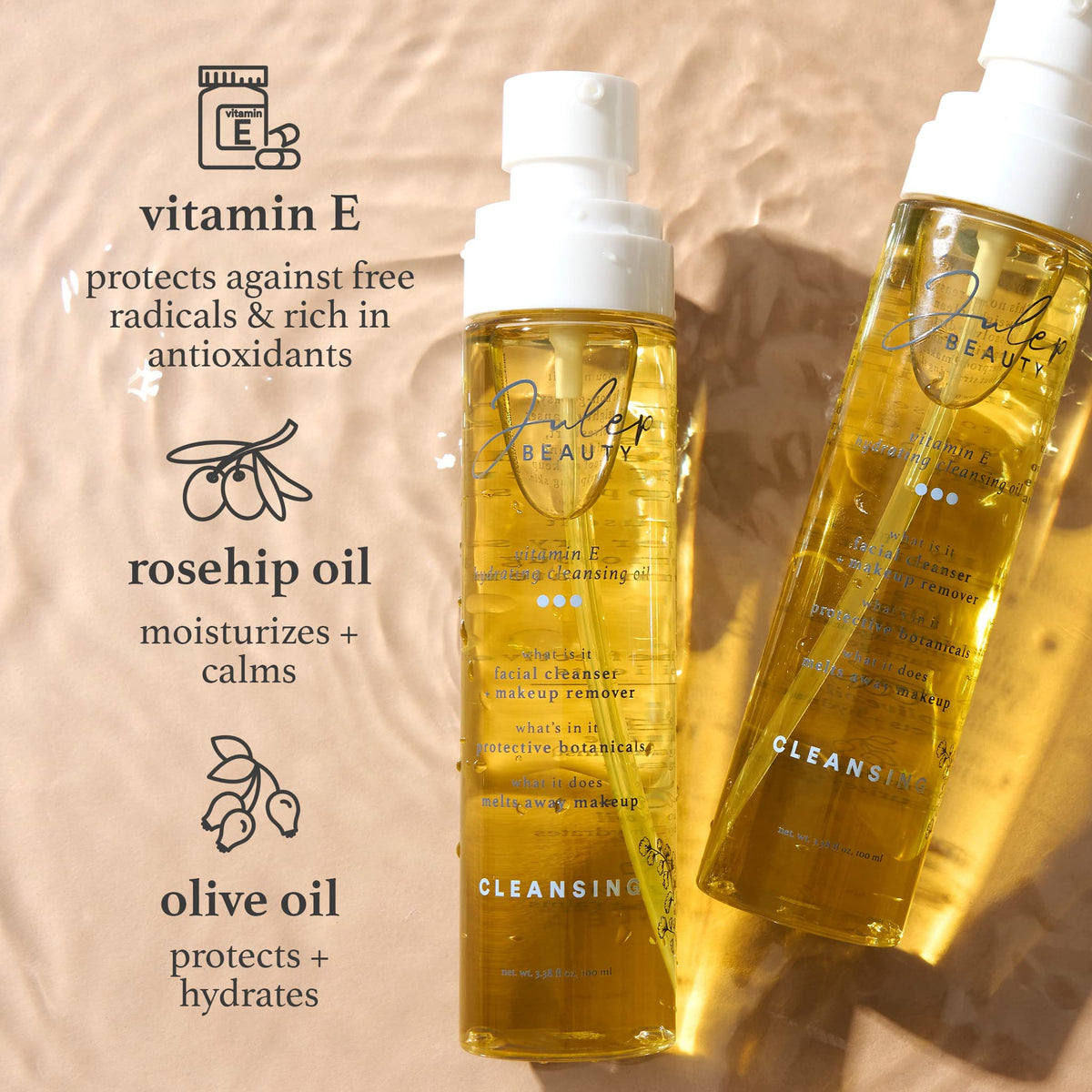 Julep cleansing oil texture in palm, lightweight oil that melts makeup