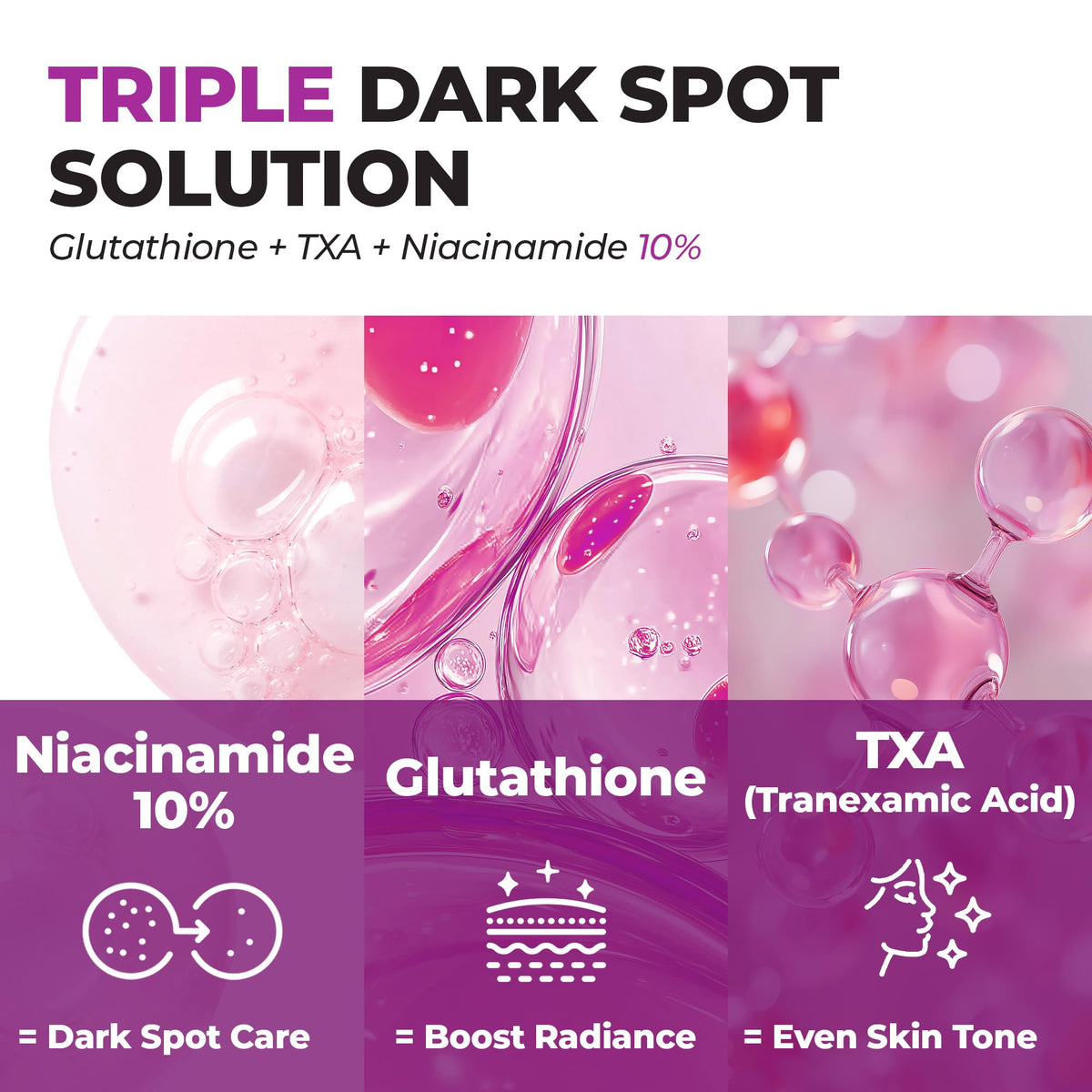 JUMISO ingredient focus showing TXA, glutathione, niacinamide brightening