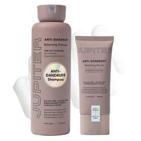 Jupiter front packaging of shampoo and serum showing unified scalp system benefit