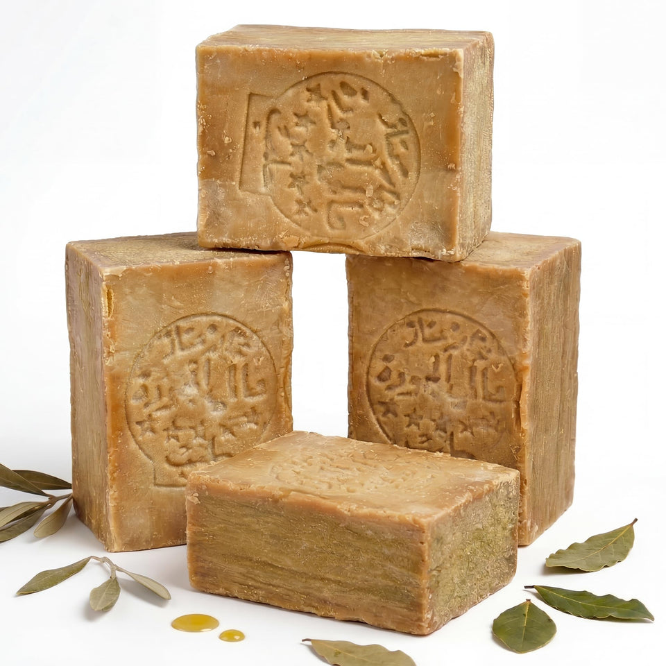 JUSIZA Aleppo soap four-pack front packaging showing natural bars and labeling, benefits longevity