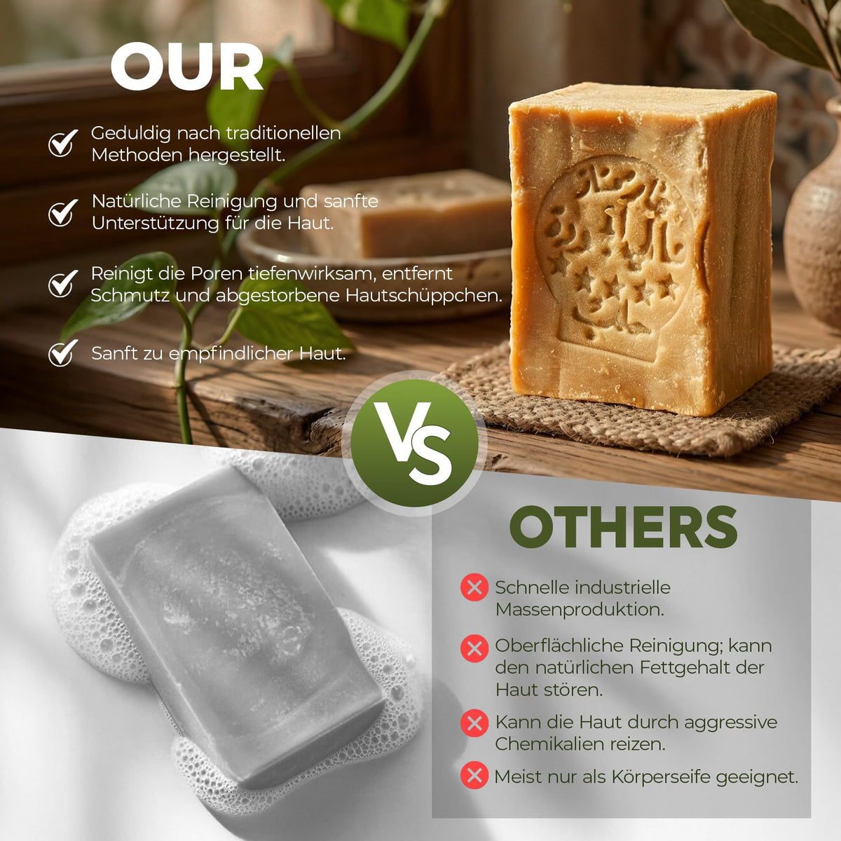 JUSIZA Aleppo soap label detail showing 80% olive and 20% laurel oil ingredients for transparency
