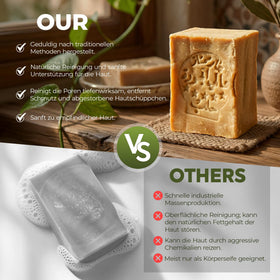 JUSIZA Aleppo soap label detail showing 80% olive and 20% laurel oil ingredients for transparency
