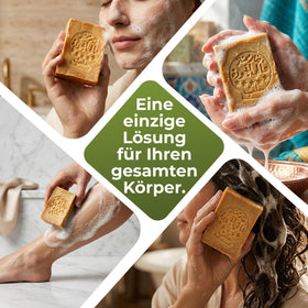 JUSIZA Aleppo soap rich lather in hand demonstrating effective cleansing and moisturizing feel