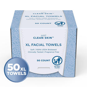Just Clean Skin single XL towel laid flat displaying full 10 by 11.5 inch coverage and softness