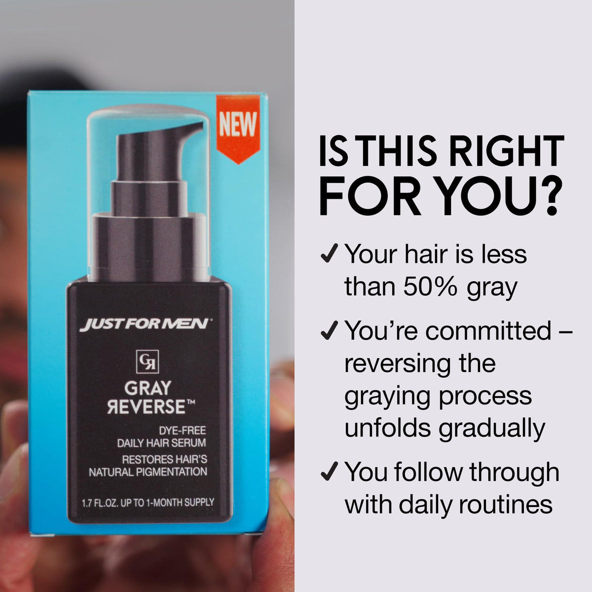 Just for Men applying serum to scalp with fingers illustrating quick 30-second massage
