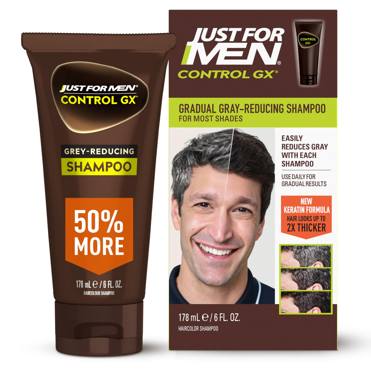 Just for Men Control GX front packaging showing product and brand benefits