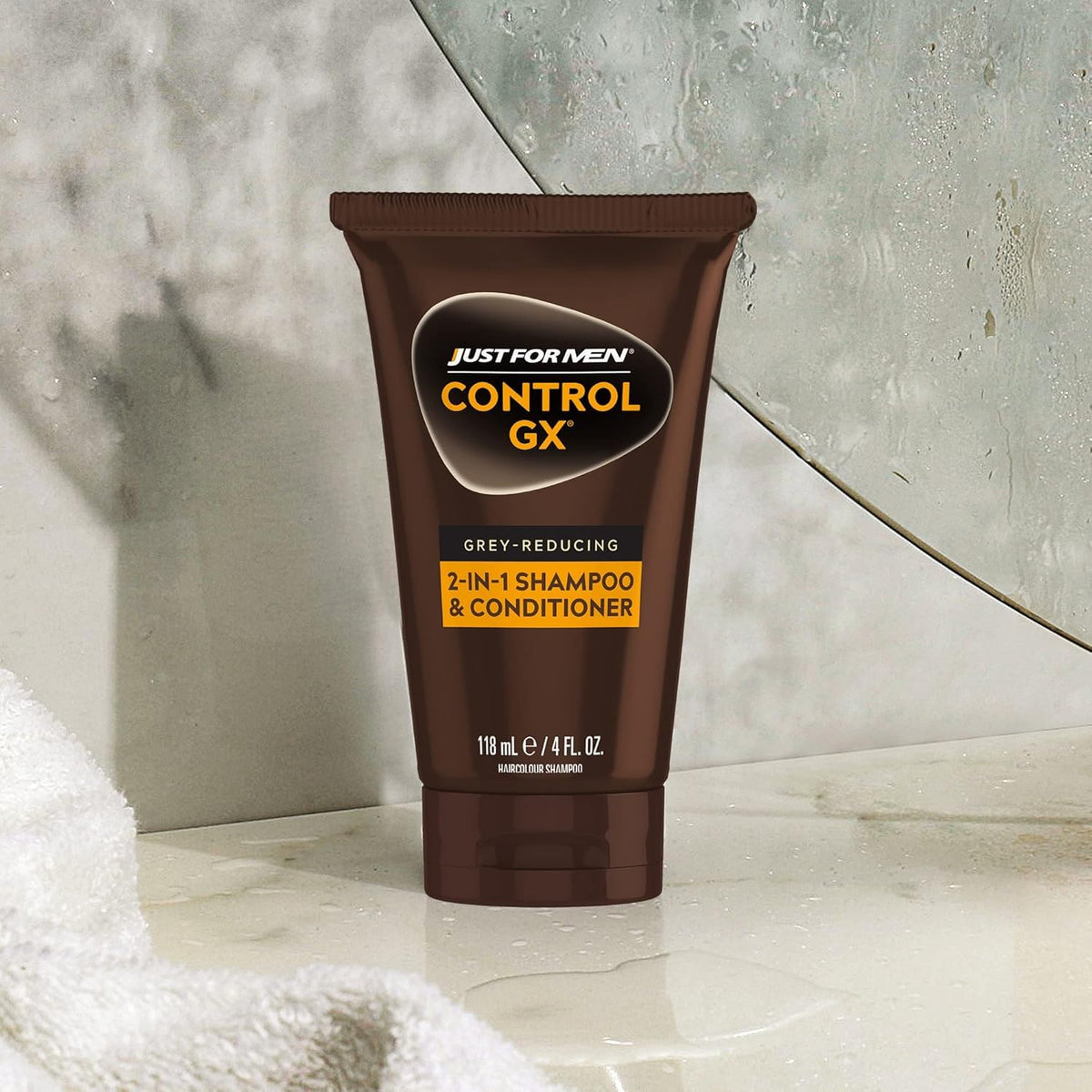 Just for Men on bathroom shelf in lifestyle setting for daily use