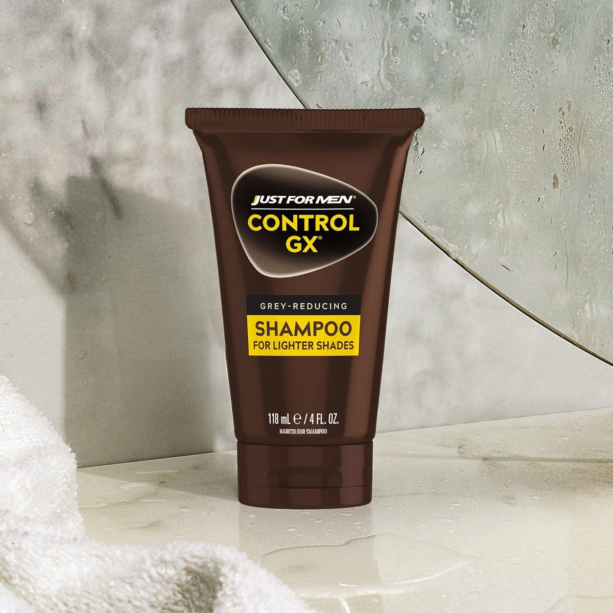 Just for Men Control GX in shower setting showing simple routine and natural-looking results