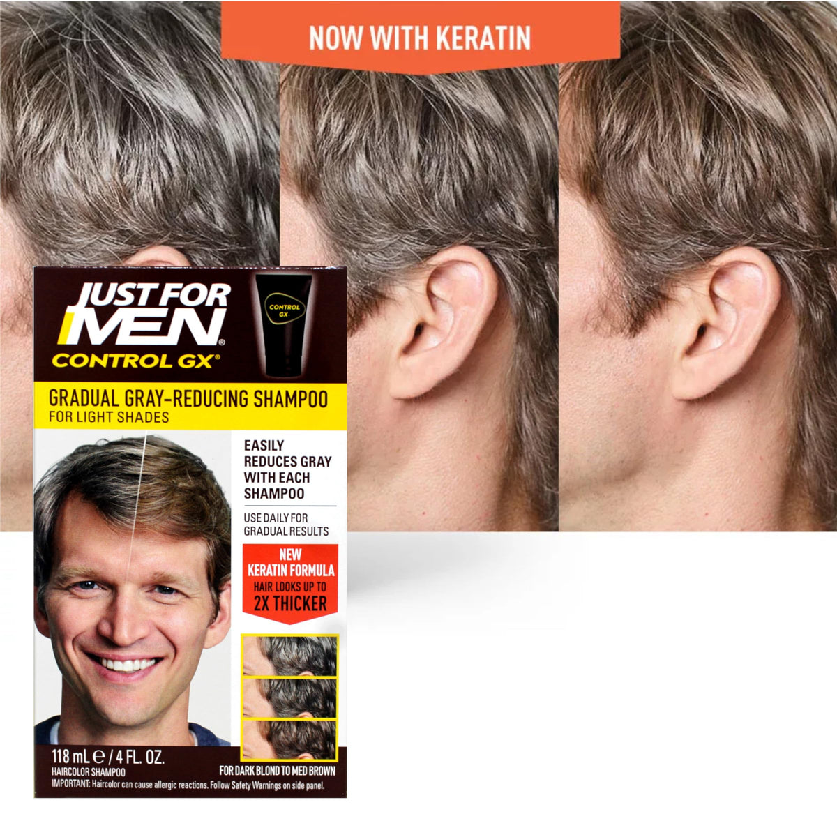 Just for Men before and after hair showing gradual grey reduction