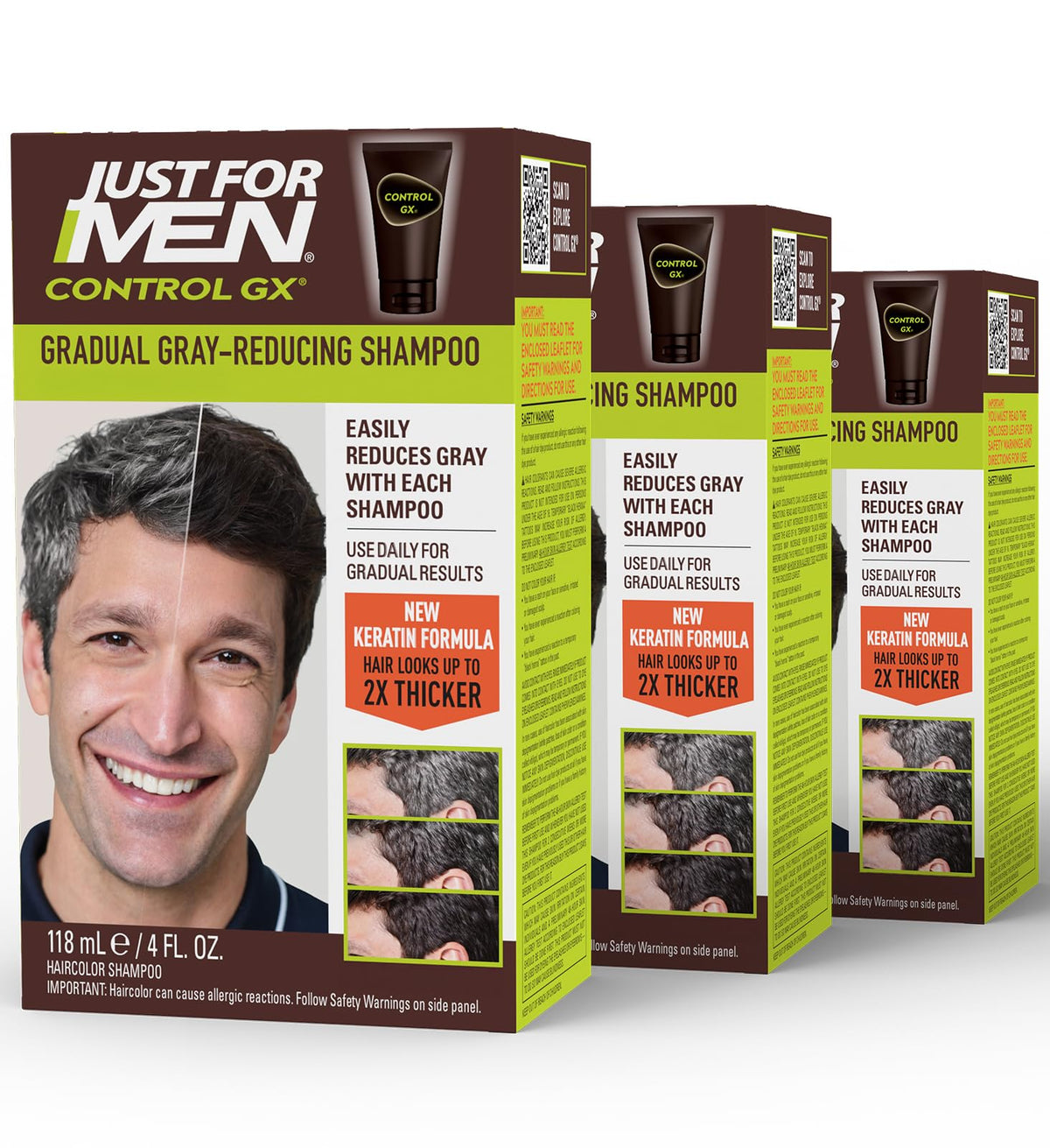 Just for Men front packaging showing three 4 fl oz bottles and product name benefit