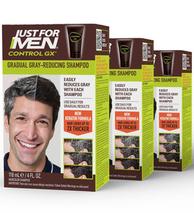 Just for Men front packaging showing three 4 fl oz bottles and product name benefit