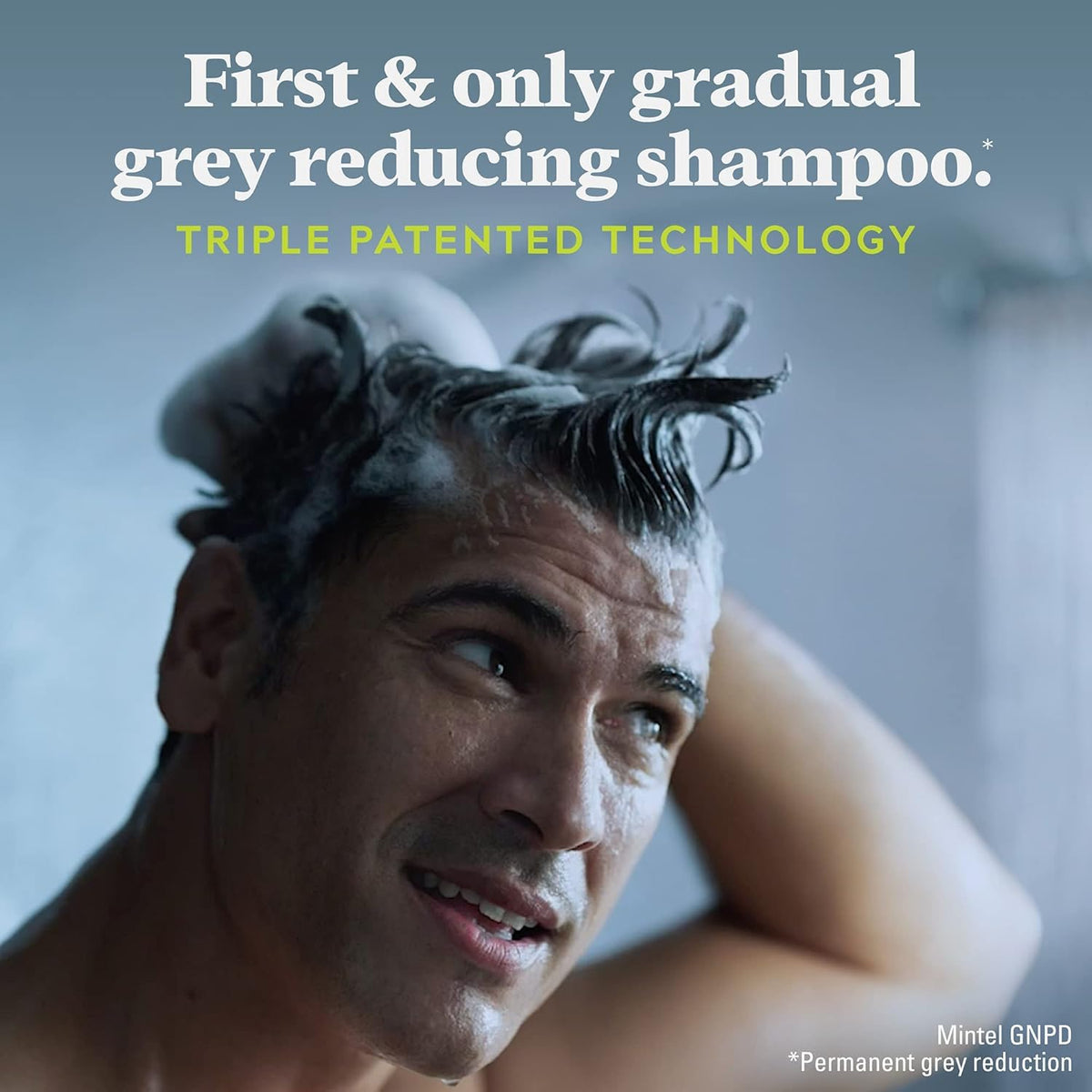 Just for Men shampoo running in shower illustrating convenient in-shower color control benefit