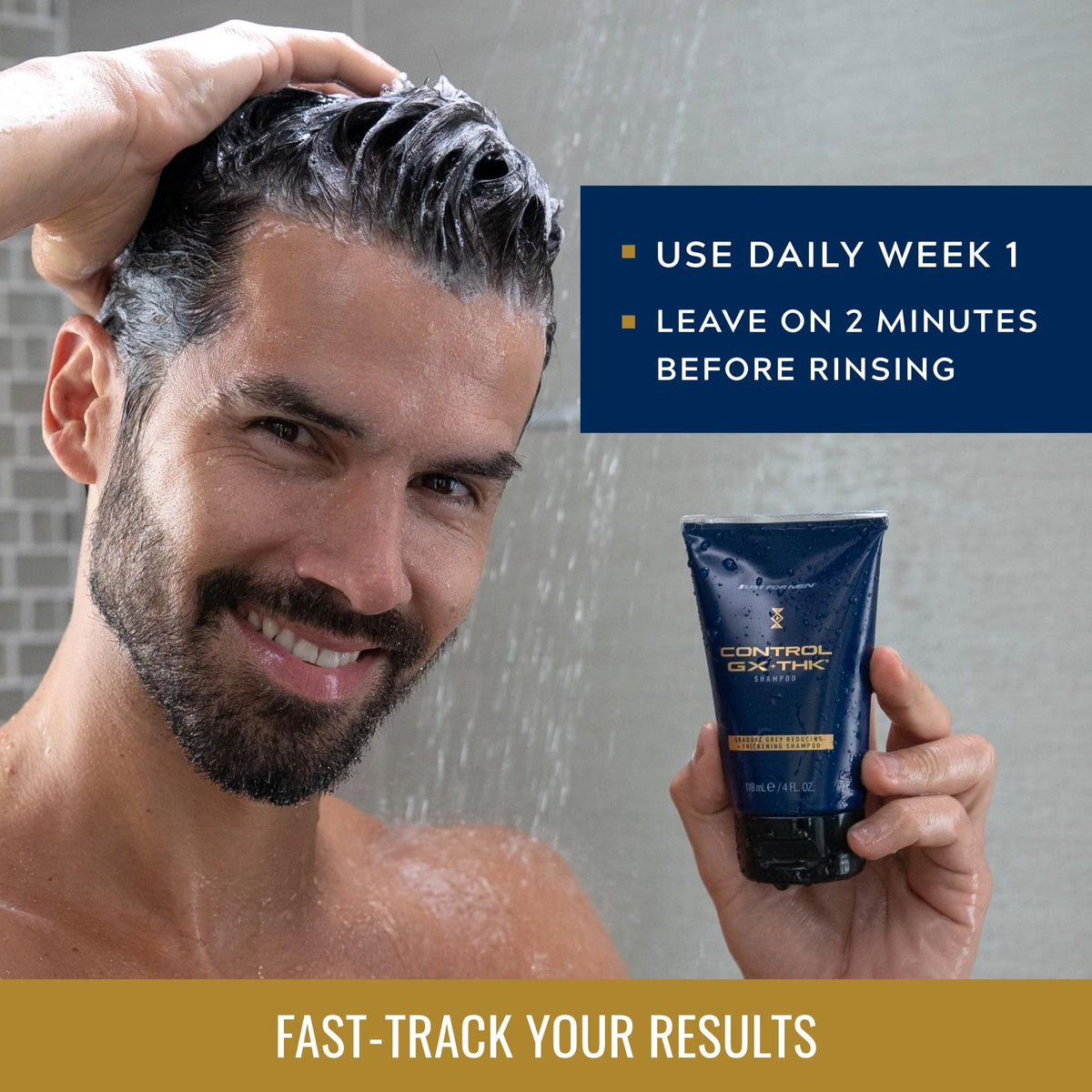 Just for Men bottle in hand to show compact 4 oz travel-size convenience