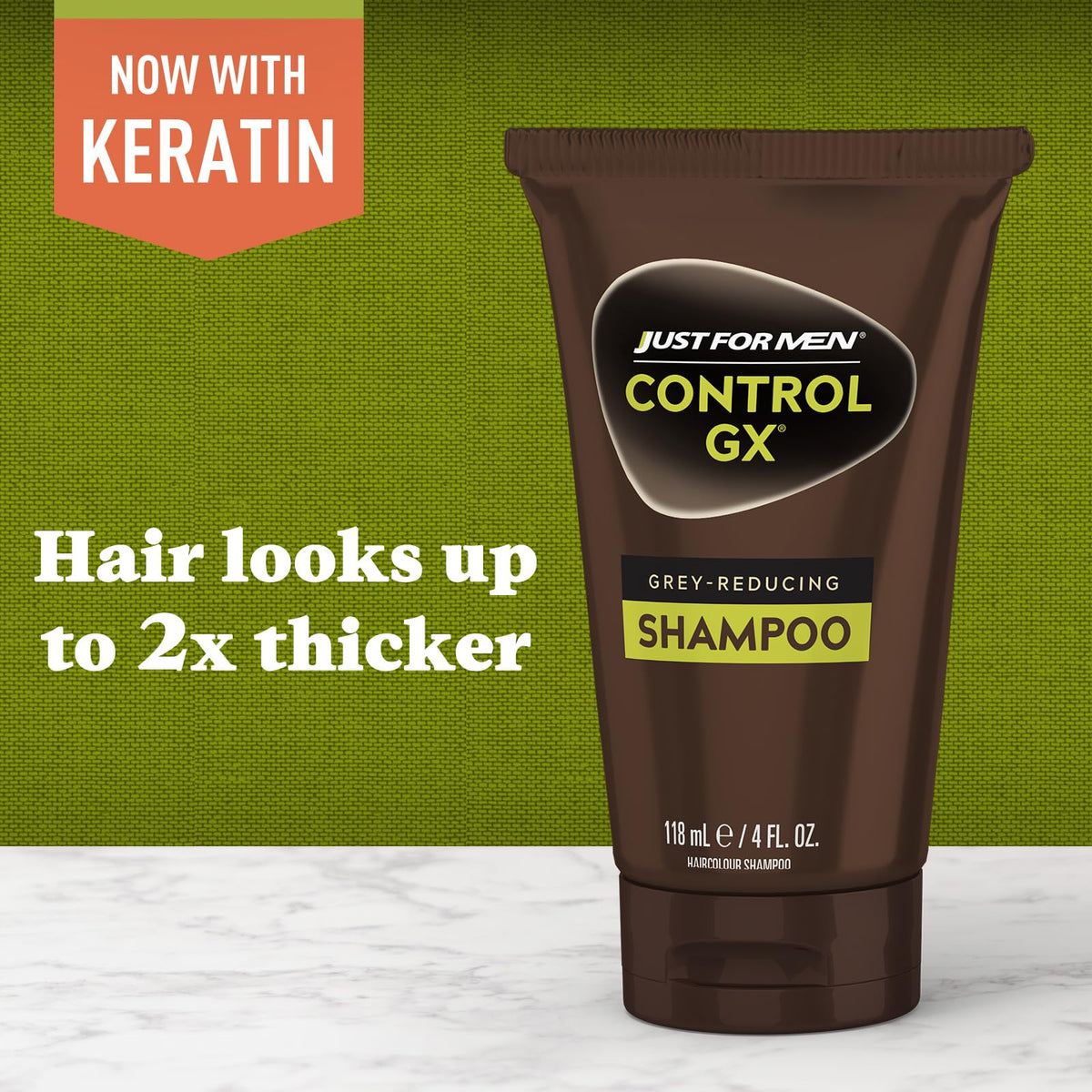 Just for Men texture close-up highlighting keratin formula for stronger-looking hair benefit