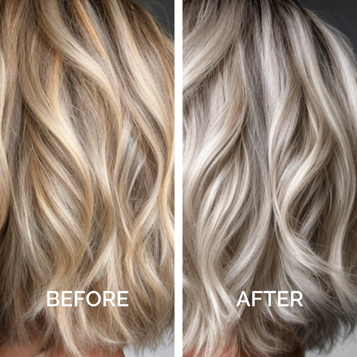 Just Nutritive visible before and after on blonde hair showing cooler tone