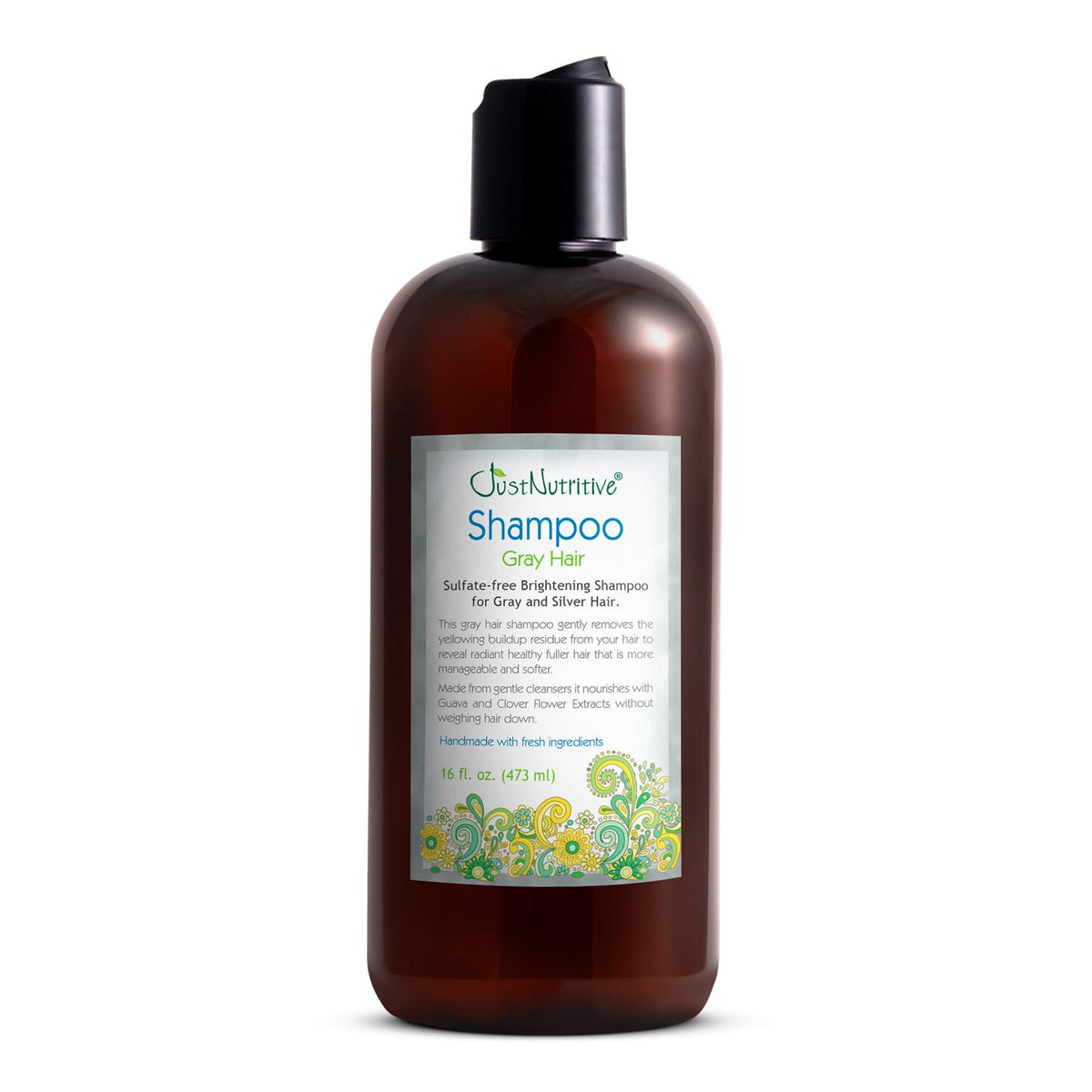Just Nutritive bottle front view showing gray hair shampoo benefits