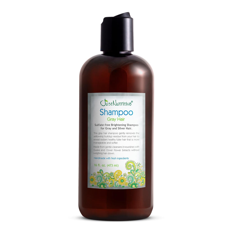 Just Nutritive bottle front view showing gray hair shampoo benefits