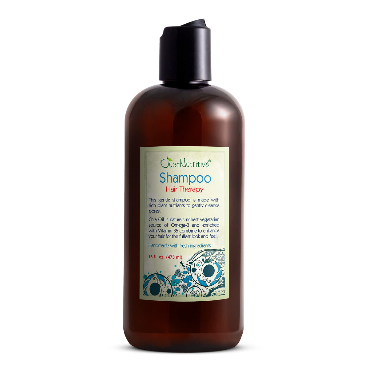 Just Nutritive front bottle view showing natural shampoo benefits