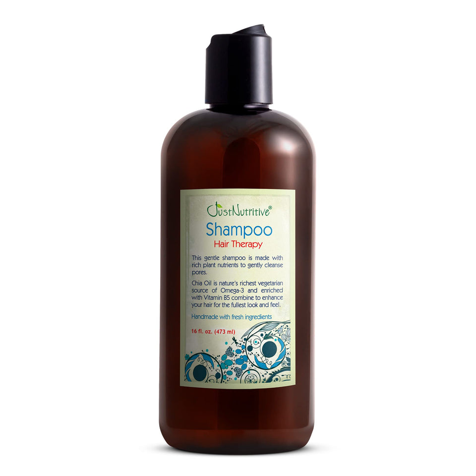 Just Nutritive front bottle view showing natural shampoo benefits