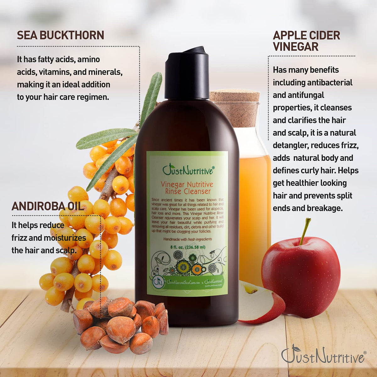 Just Nutritive label close-up listing apple cider vinegar, andiroba, and sea buckthorn benefits