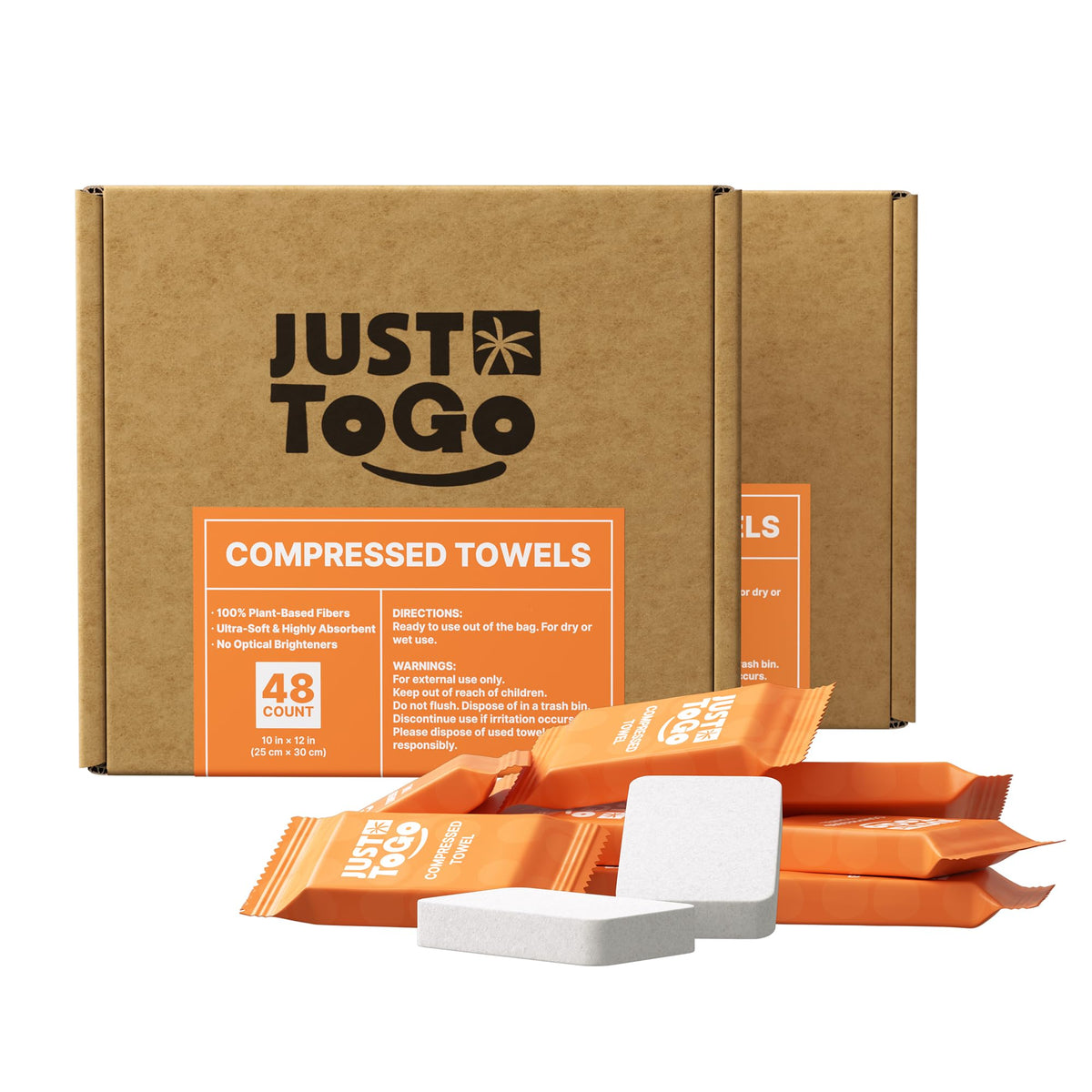 JUST TO GO front packaging showing compact travel towel box and convenience