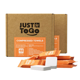 JUST TO GO front packaging showing compact travel towel box and convenience