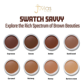 Juvia's Place model wearing amber bronzer on cheeks for natural sun-kissed dimension
