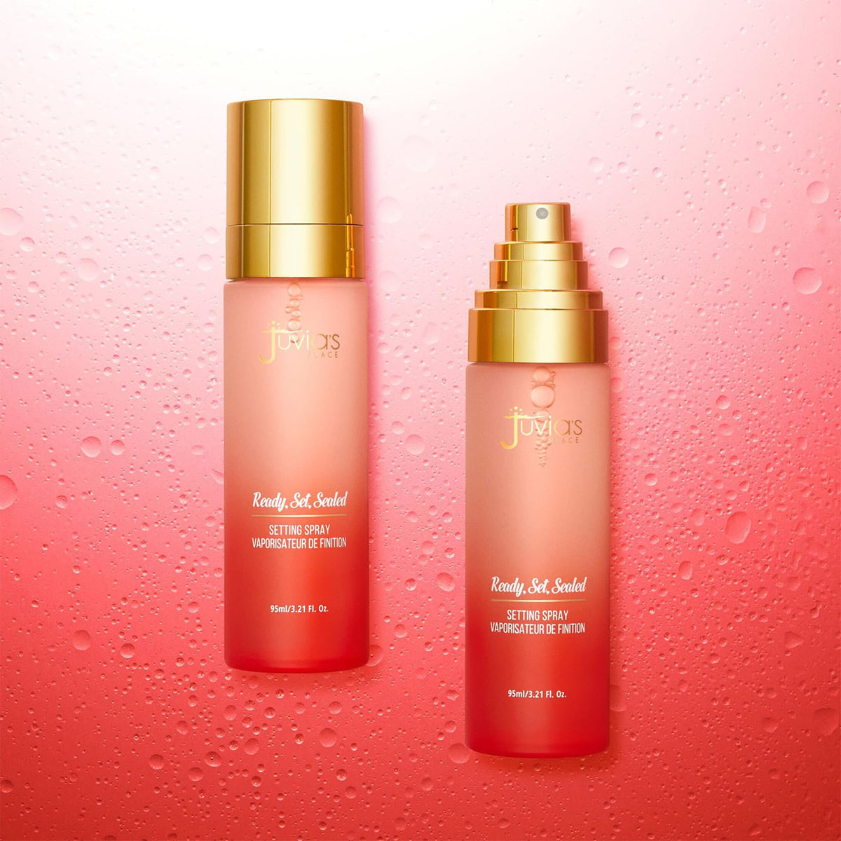 Juvia's Place spray used on a made-up model demonstrating setting and hydrating benefit