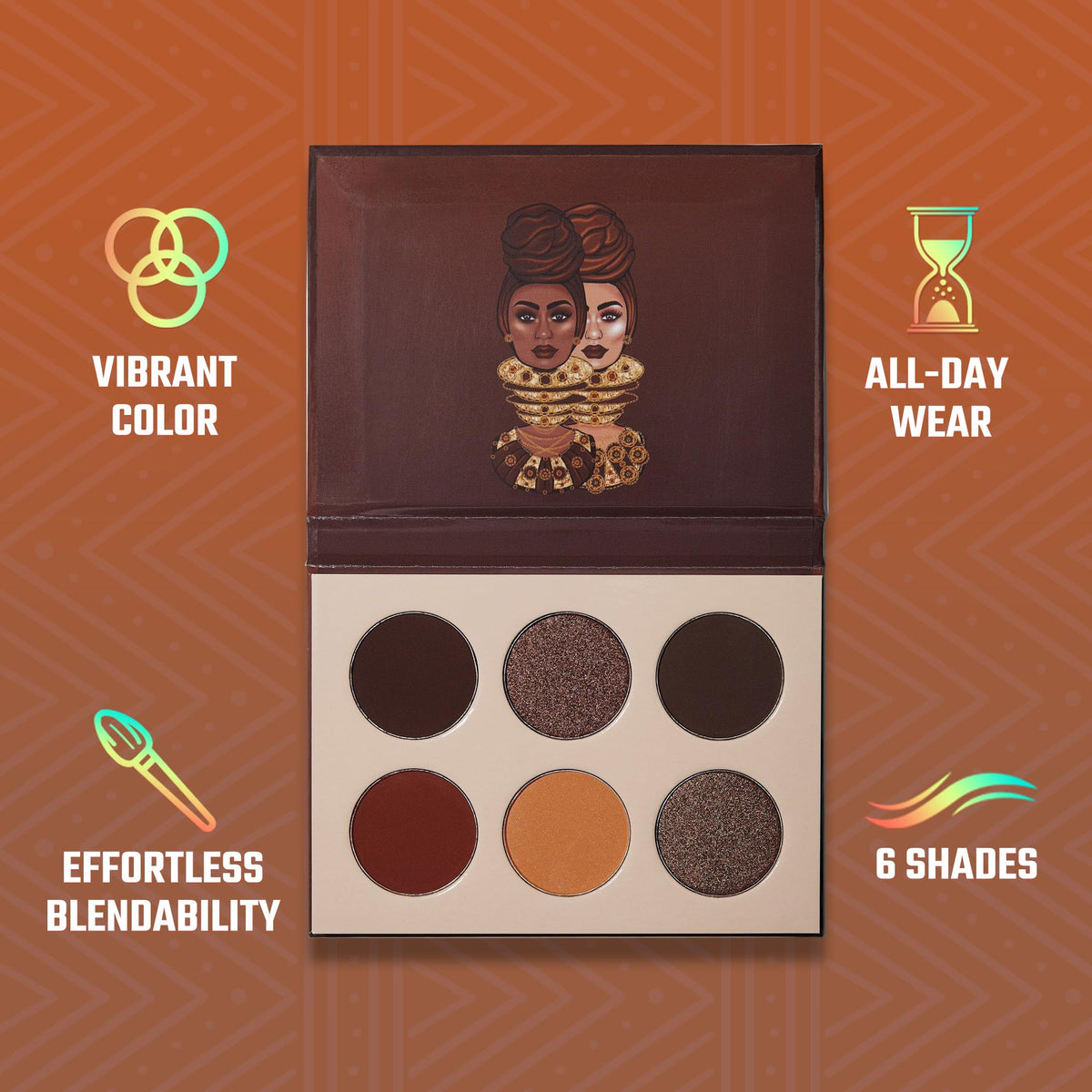 Juvia's Place open palette showing six tan to dark chocolate shades and finishes