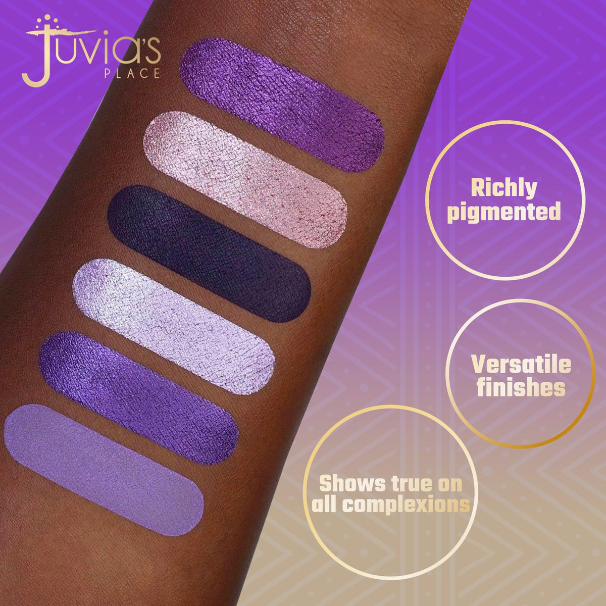 Juvia's Place open palette overhead displaying six shades for versatile looks benefit