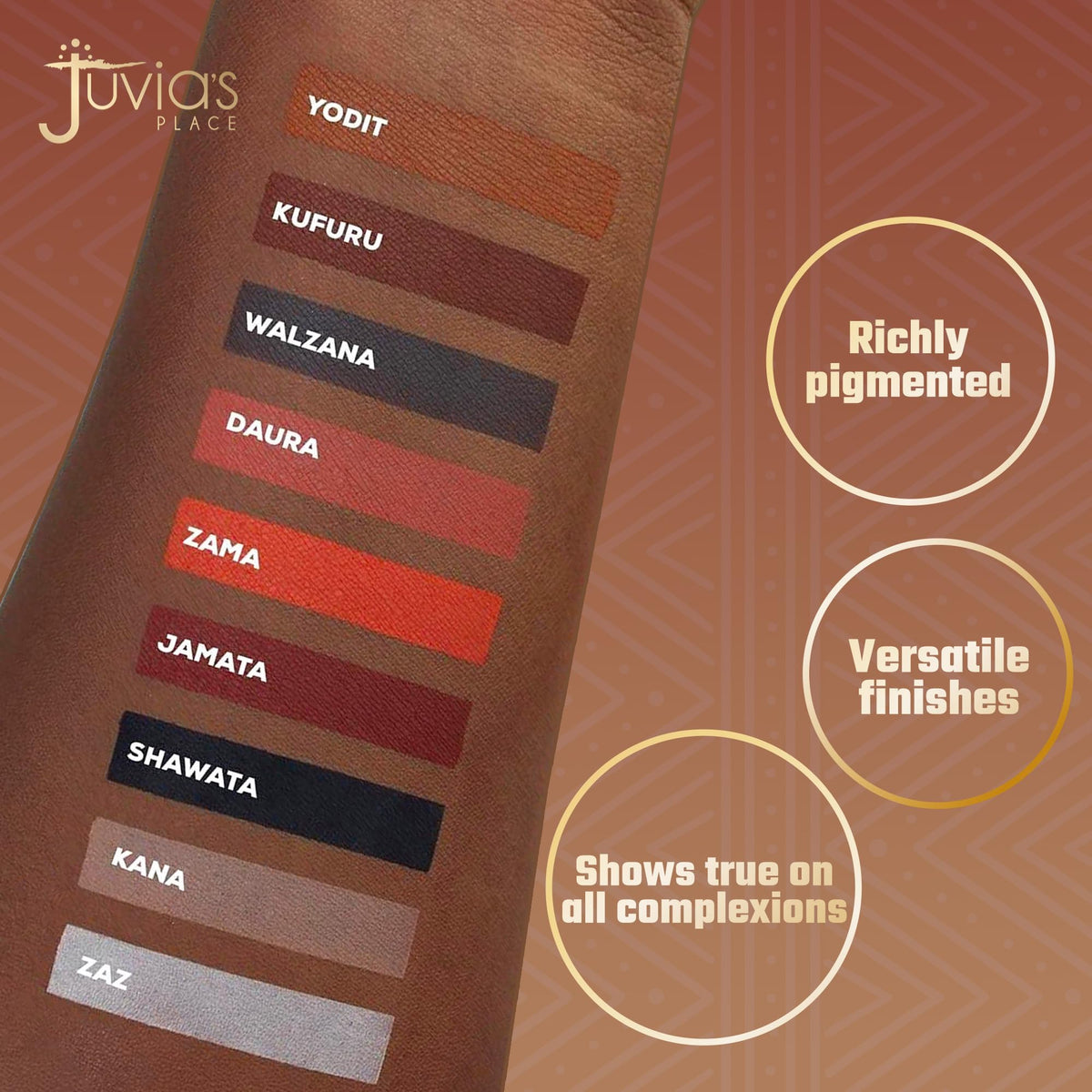 Juvia's Place close-up of pans revealing rich pigment and finishes