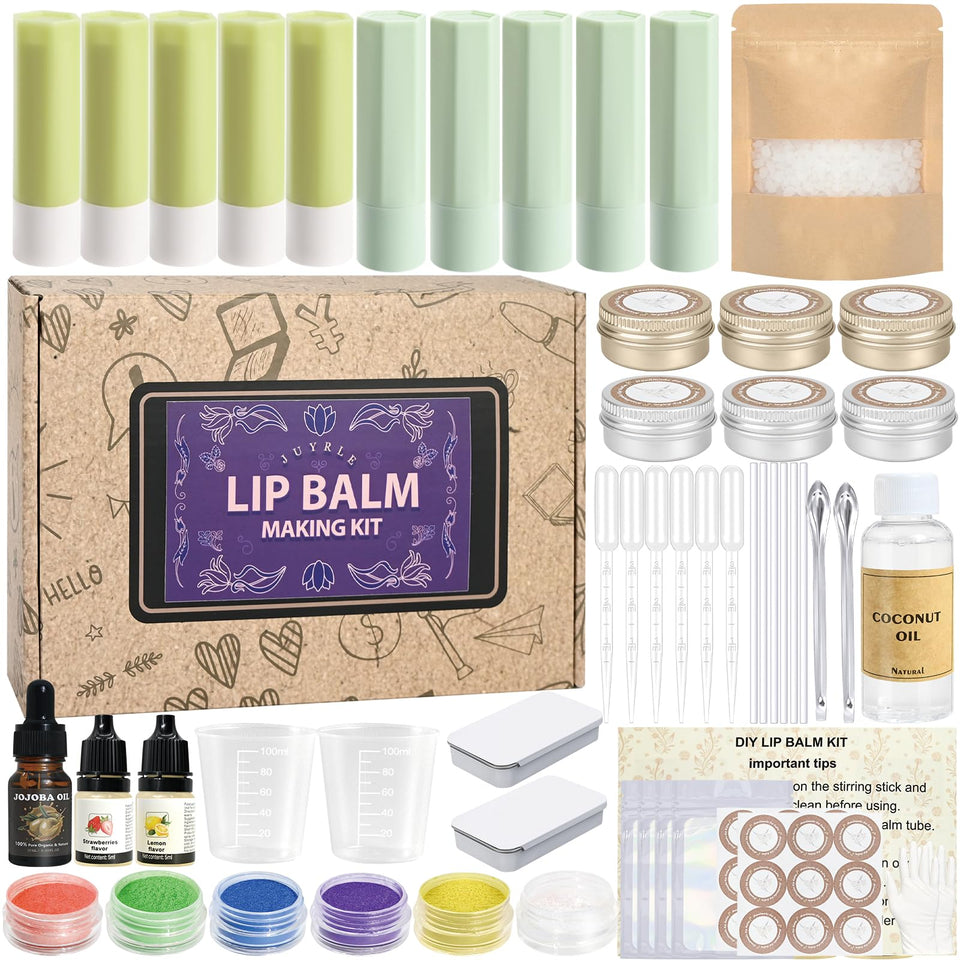 JUYRLE front packaging shot showing complete DIY lip balm kit with benefits