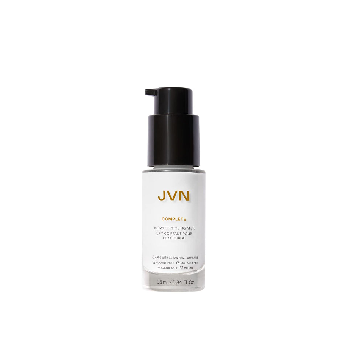 JVN product front view showing travel‑size styling milk and easy carry benefit