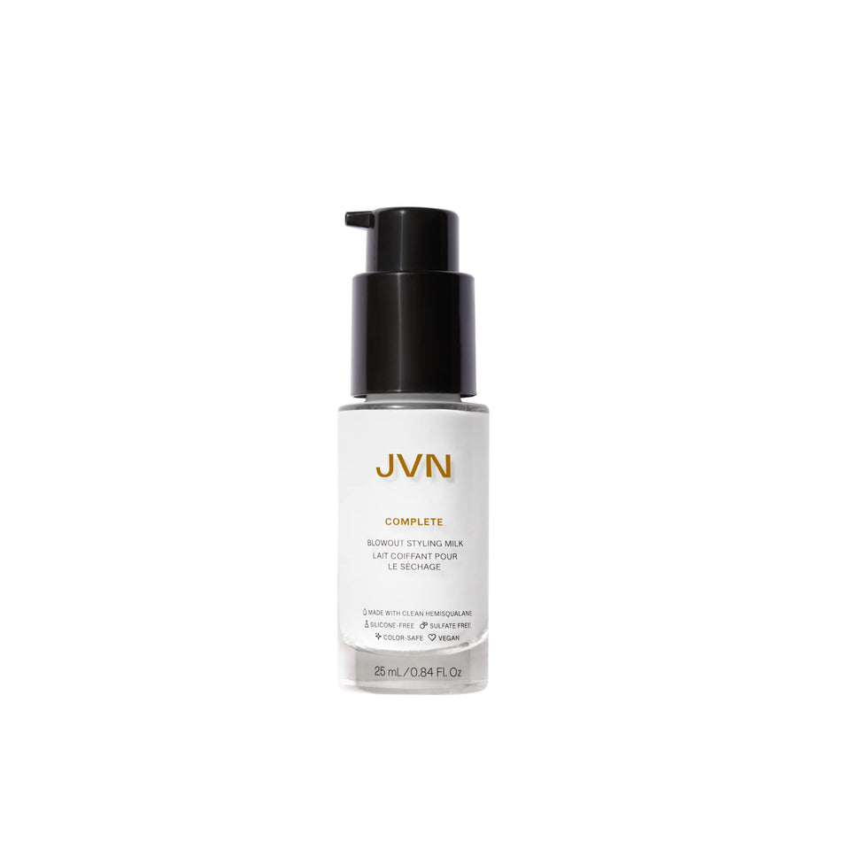 JVN product front view showing travel‑size styling milk and easy carry benefit