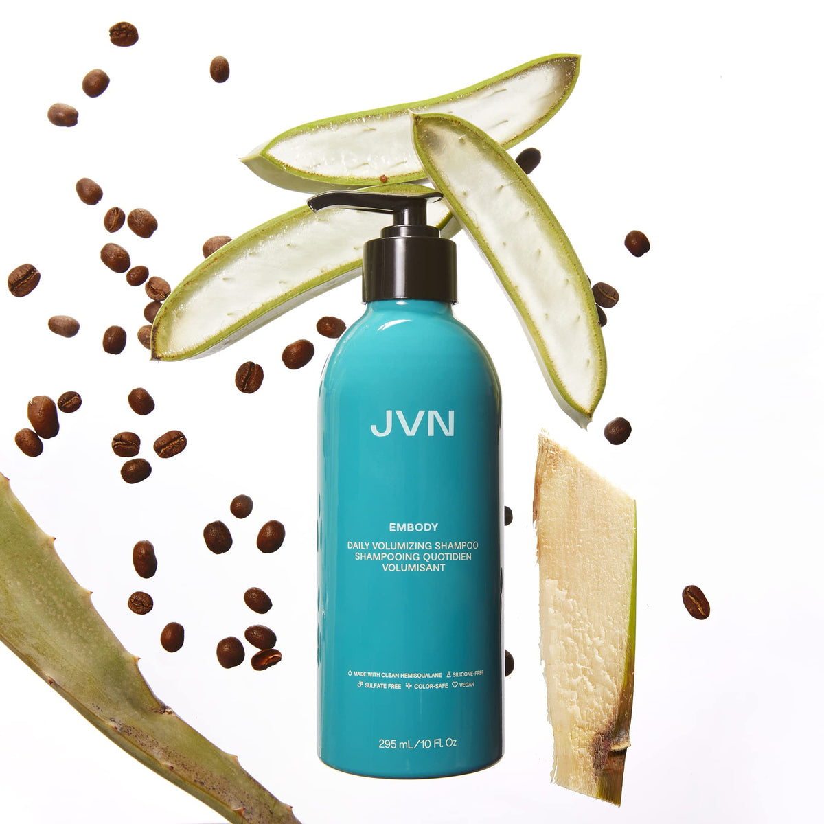JVN Embody bottle held in hand for scale and travel-friendly size