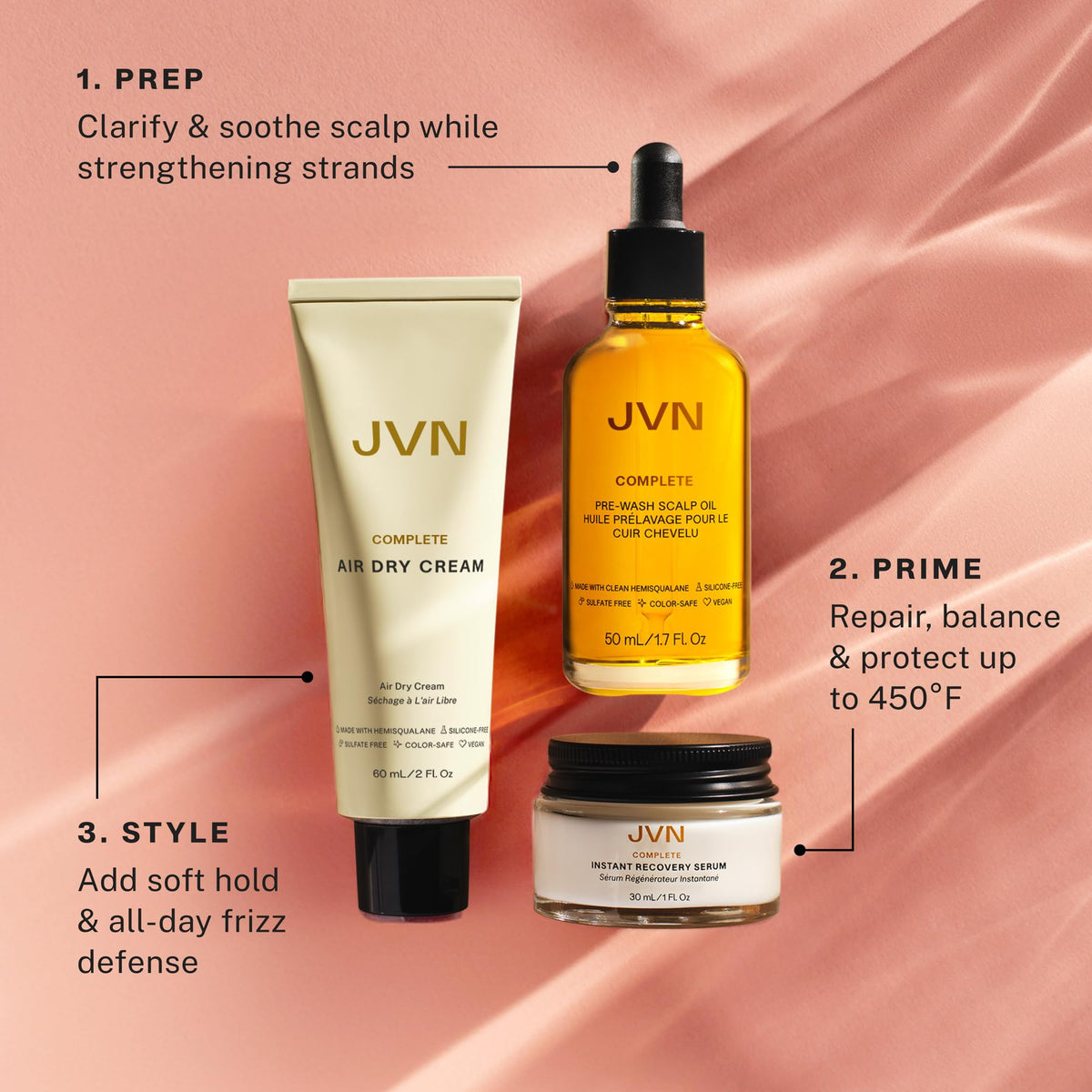 JVN Instant Recovery Serum pipette detail showing lightweight drop for smoothing benefit