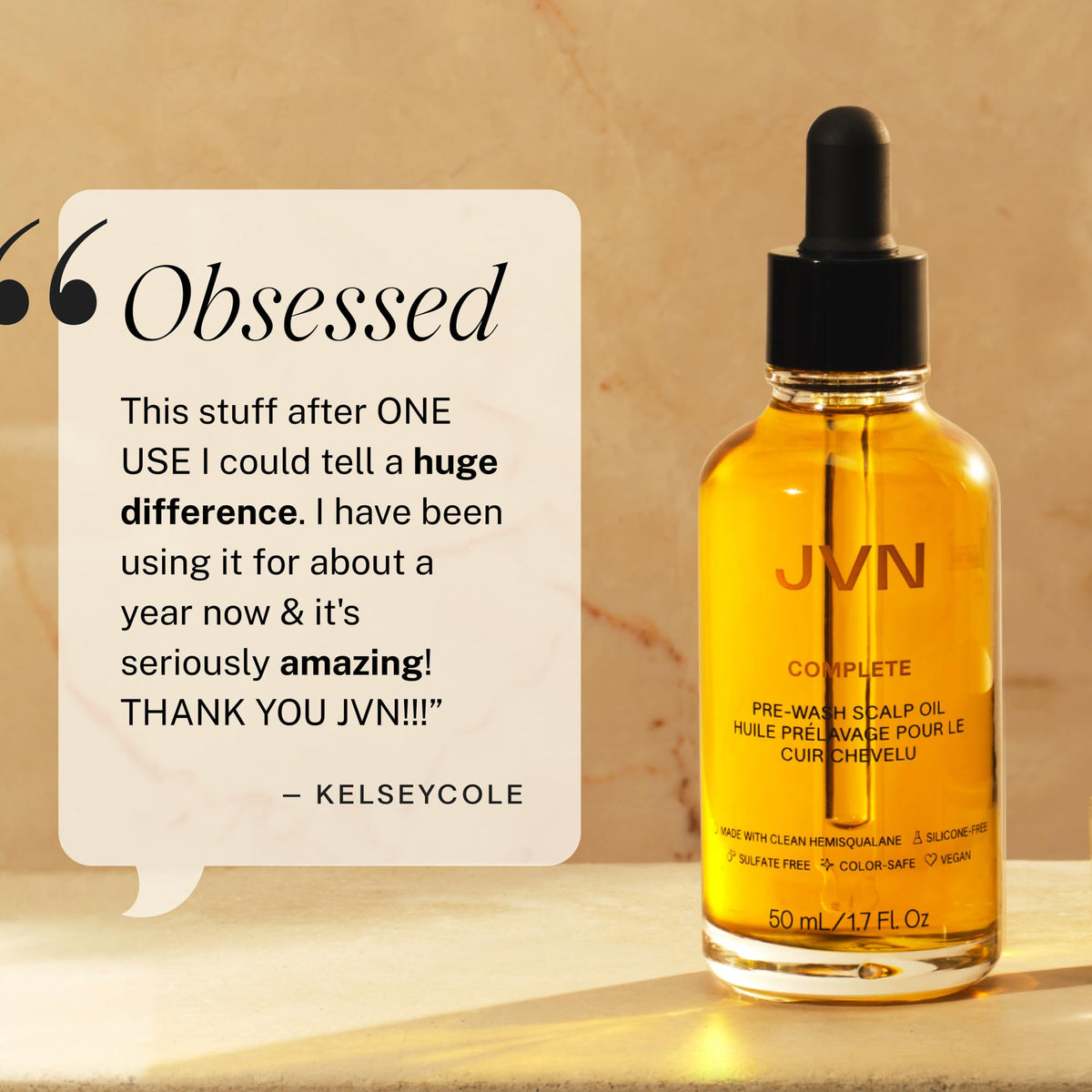 JVN bottle beside shampoo illustrating pre-wash treatment routine benefit