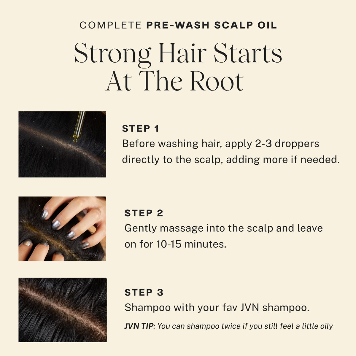 Person massaging JVN oil into scalp demonstrating clarifying benefit