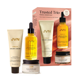 JVN front packaging of the Trusted Trio travel kit showing three products and travel-ready size benefit