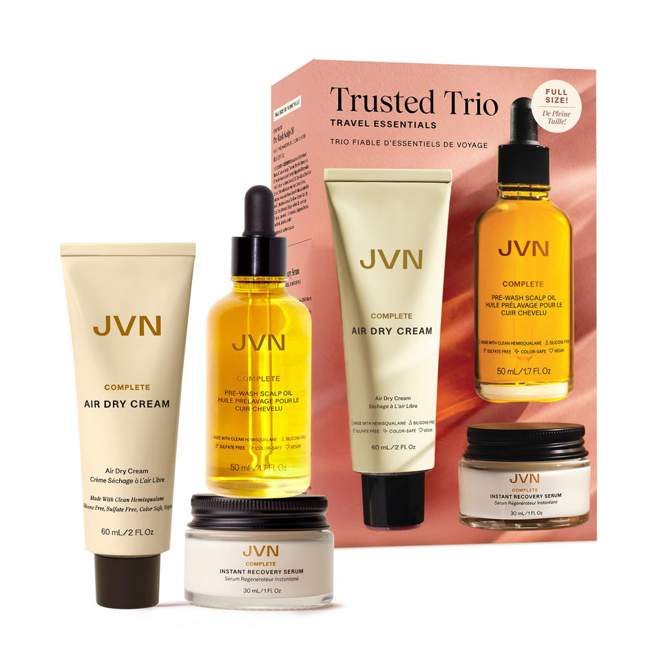 JVN front packaging of the Trusted Trio travel kit showing three products and travel-ready size benefit