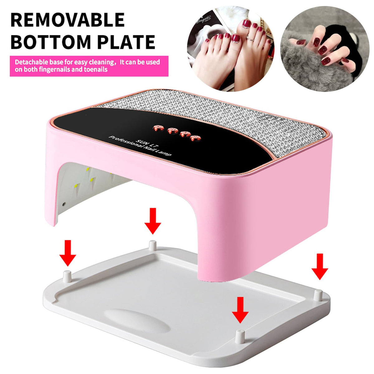 JYDFYP removable base detail showing easy cleaning and pedicure flexibility benefit