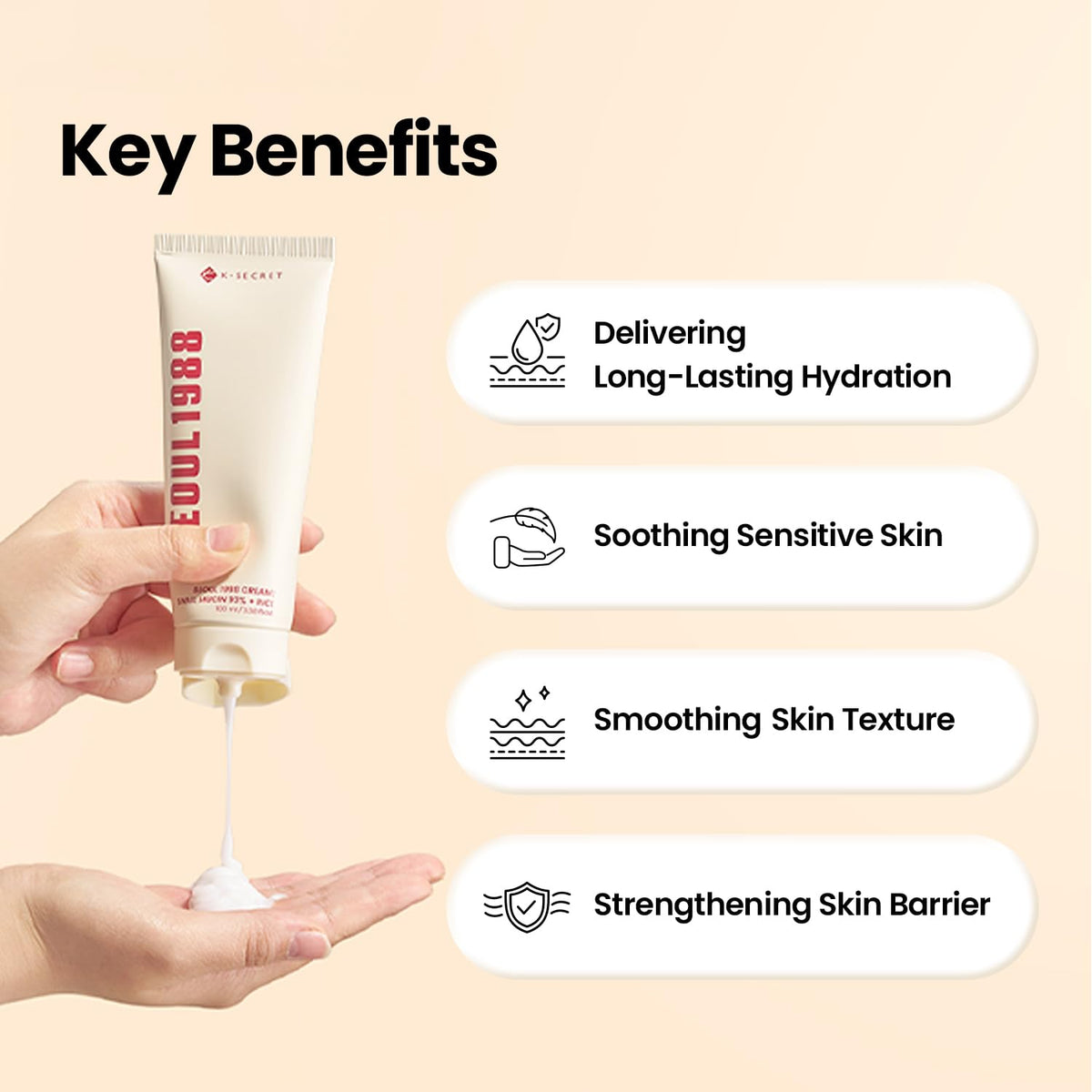 K-SECRET cream applied on hand demonstrating lightweight finish and immediate hydration