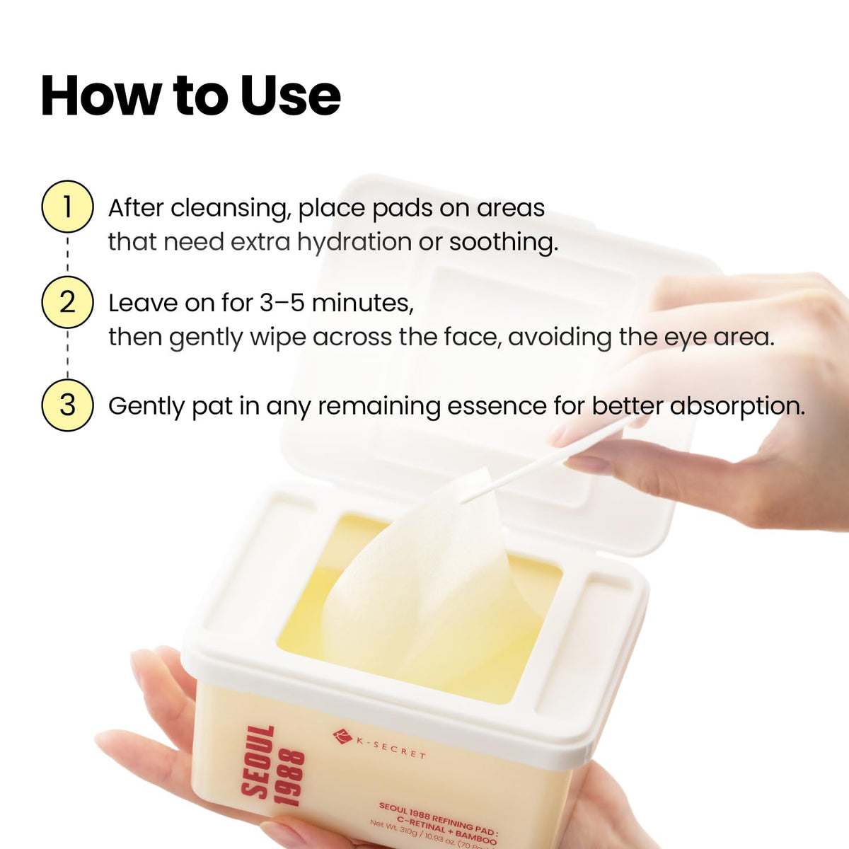 K-SECRET pad in use during facial routine demonstrating easy application