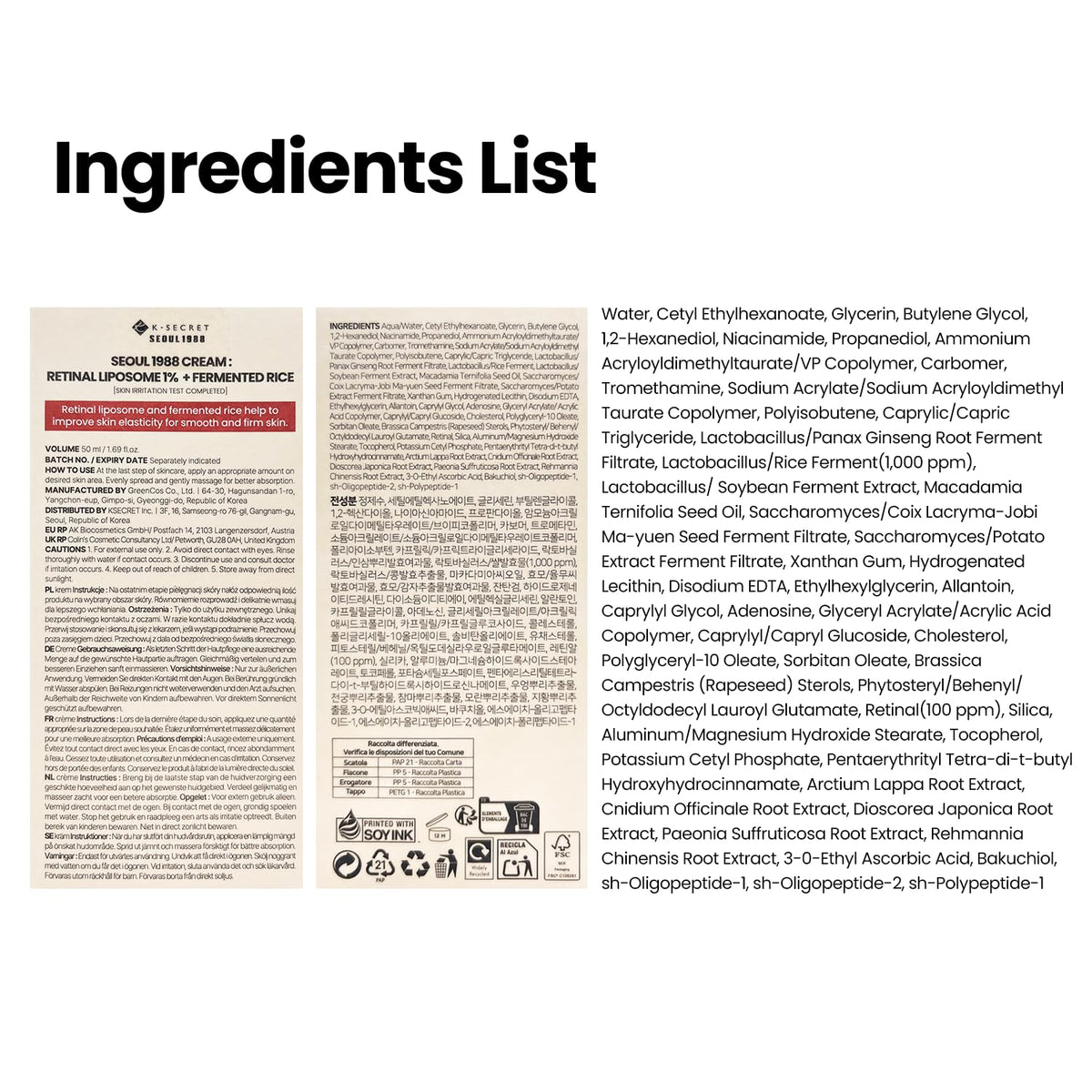 K-SECRET ingredient label closeup highlighting retinal content