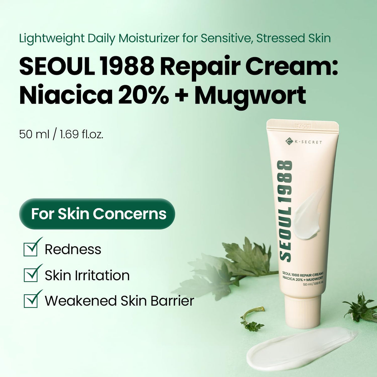 K-SECRET open jar texture showing lightweight cream and quick absorption benefit