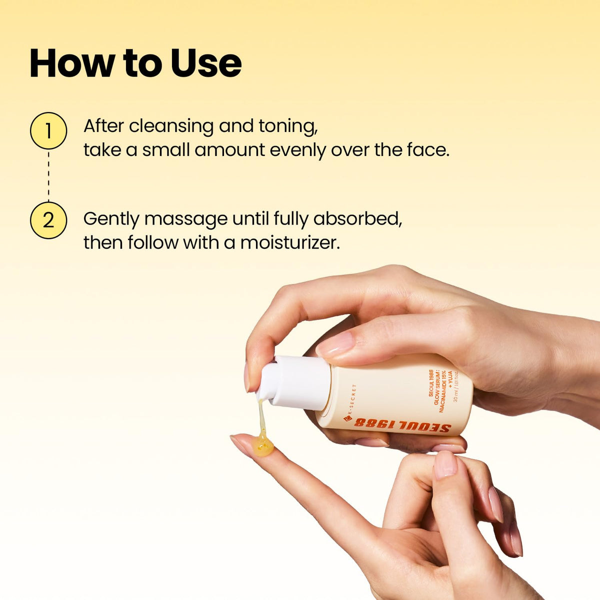 K-SECRET serum bottle held in hand to show 30ml size and travel-friendly convenience