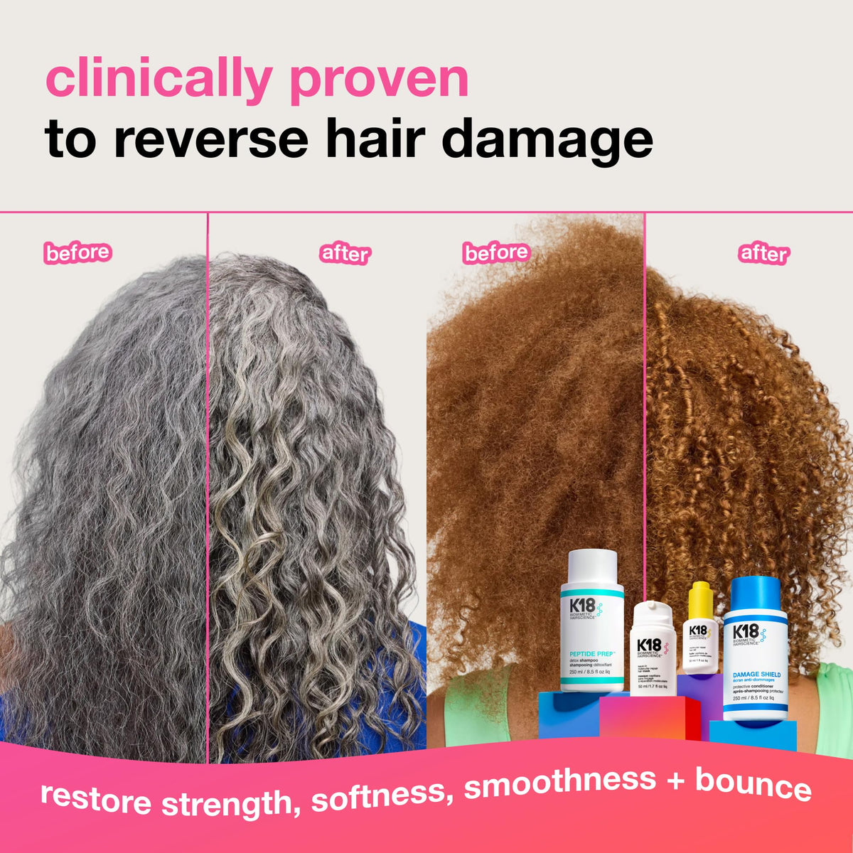 K18 being applied to towel-dried hair, improves manageability quickly