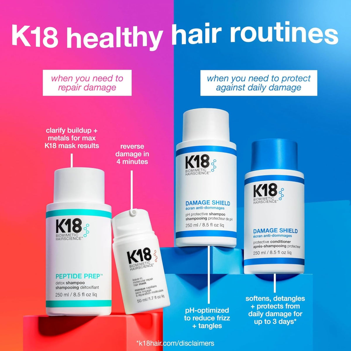K18 bottle on bathroom shelf lifestyle scene promoting daily use